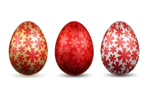 Easter egg 3D icon. Gold red eggs set isolated white background. Bright flowe Illustrazione stock