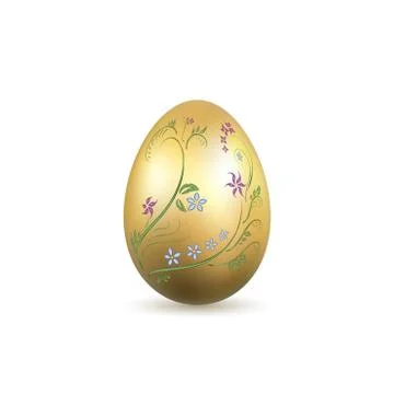 Easter egg 3D icon. Gold egg, isolated white background. Floral hand drawn de 스톡 일러스트