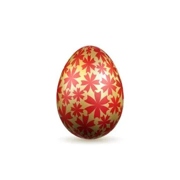 Easter egg 3D icon. Gold egg, isolated white background. Bright red flower de Illustrazione stock