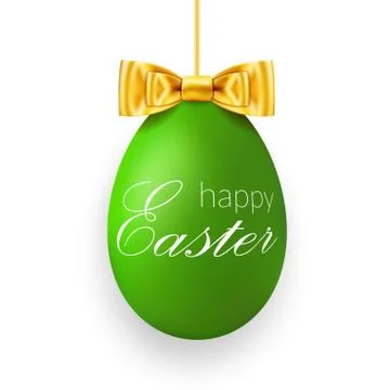 Easter egg 3D icon. Green hanging egg, white text, gold ribbon bow isolated b Stock Illustration