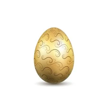 Easter egg 3D icon. Ornate gold egg, isolated white background. Swirl wave re Stock Illustration