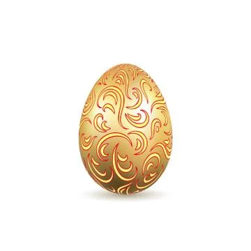 Easter egg 3D icon. Ornate gold egg, isolated white background. Swirl realist 스톡 일러스트