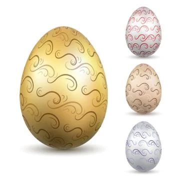 Easter egg 3D icon. Ornate silver eggs set, isolated white background. Curl w Stock Illustration