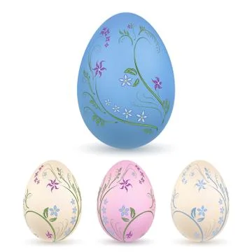 Easter egg 3D icon. Pastel eggs set, isolated white background. Floral hand d 스톡 일러스트