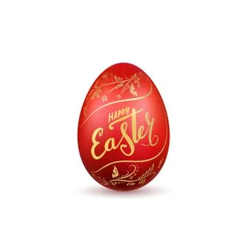 Easter egg 3D icon. Red egg, gold lettering, isolated white background. Flora Illustrazione stock