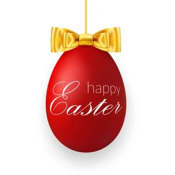 Easter egg 3D icon. Red hanging egg, white text, gold ribbon bow isolated bac Stock Illustration
