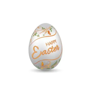 Easter egg 3D icon. Silver egg, Happy Easter text, isolated white background. 스톡 일러스트