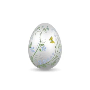 Easter egg 3D icon. Silver shine egg isolated white background. Floral hand d 스톡 일러스트