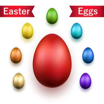 Easter egg 3D icons. Gold, color eggs set isolated white background. Golden d Stock Illustration