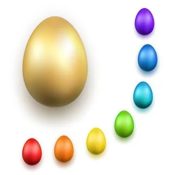 Easter egg 3D icons. Gold, color eggs set isolated white background. Golden d Stock Illustration