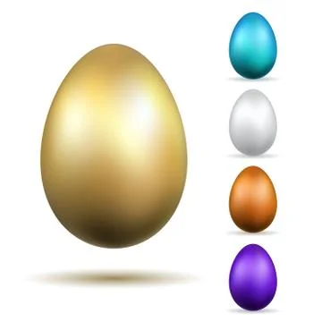 Easter egg 3D icons. Gold, color eggs set isolated white background. Golden d Stock Illustration