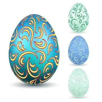 Easter egg 3D icons. Ornate color eggs set, isolated white background. Swirl  스톡 일러스트