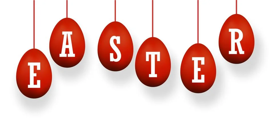 Easter egg 3D icons. Red set, white text, hanging eggs, isolated background.  Illustrazione stock