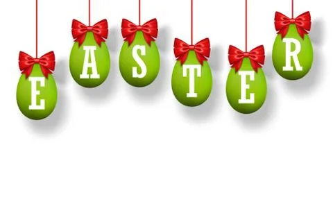 Easter egg 3D set. Green hanging eggs, white text, red ribbon bow isolated ba Stock Illustration