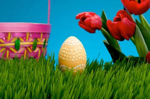Easter egg and basket Stock Photos