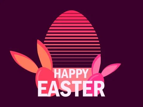 Easter egg and bunny ears in a 80s futuristic style. Happy Easter banner in.. Stock Illustration