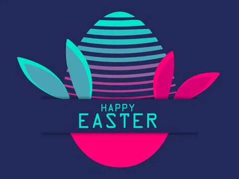 Easter egg and bunny ears in a 80s futuristic style. Happy Easter banner in.. Stock Illustration