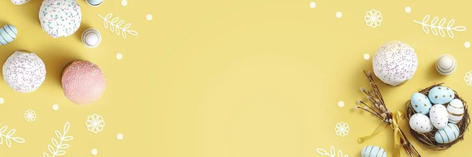 Easter egg and cake on grey table background. Stock Photos