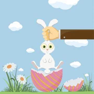 Easter egg and cute bunny. Festive background with meadow and fl Stock-Illustration