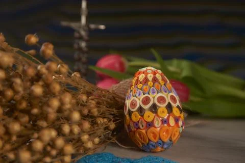 Easter egg and dried flax (Linum) bunch Stock Photos