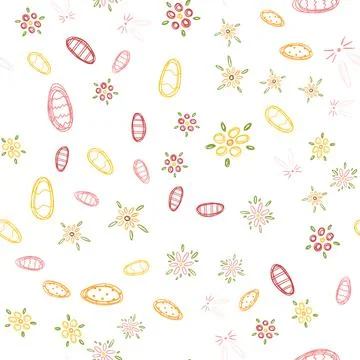 Easter egg and flowers seamless pattern in hand drawn cartoon childish style Stock Illustration
