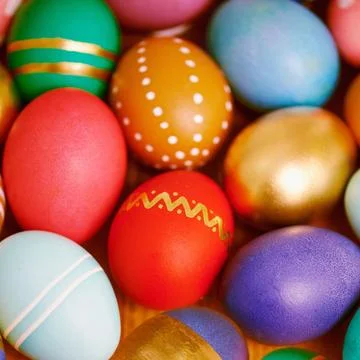 Easter, egg and pattern for decoration design or holiday season with presents or Stock Photos