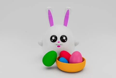 Easter egg and rabbit bunny minimal 3d rendering on white background Stock Illustration