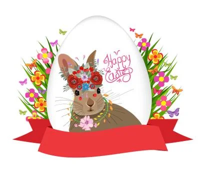 Easter egg and rabbit poster with label Stock Illustration