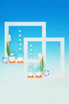 Easter Egg and Spring Flower Surreal Background Double Border Frame Foto stock
