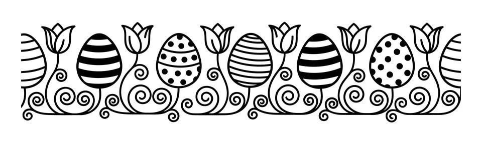 Easter Egg And Tulip Border Outline Coloring Clipart Design Stock Illustration