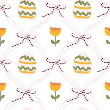 Easter egg and tulip pattern with pink bows on white background Illustrazione stock