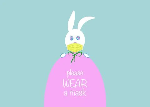 Easter egg and white bunny rabbit Wear a medical mask against covid-19 Stock Illustration