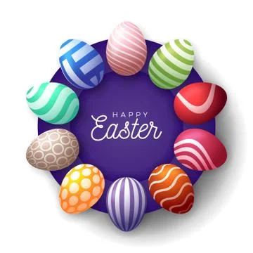 Easter egg banner. Easter card with eggs laid out in a circle on a purple pla Stock Illustration