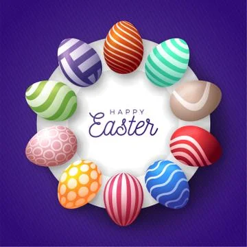 Easter egg banner. Easter card with eggs laid out in a circle on a white plat Ilustración de archivo