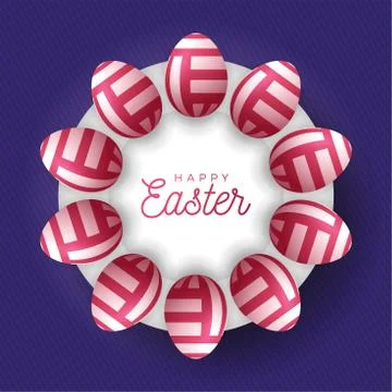 Easter egg banner. Easter card with eggs laid out in a circle on a white plat Ilustración de archivo
