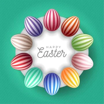 Easter egg banner. Easter card with eggs laid out in a circle on a white plat Ilustración de archivo
