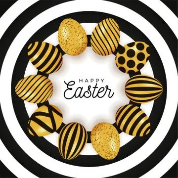 Easter egg banner. Easter card with eggs laid out in a circle on a black plat Ilustración de archivo