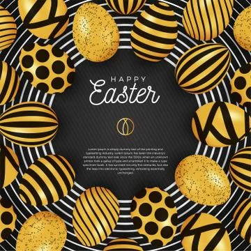 Easter egg banner. Easter card with eggs laid out in a circle on a black plat Ilustración de archivo