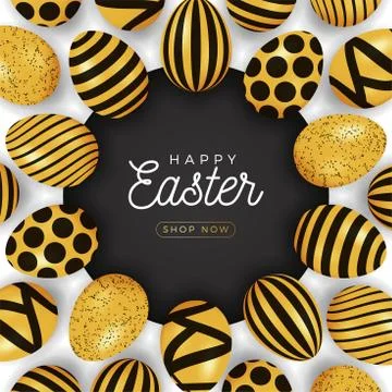 Easter egg banner. Easter card with eggs laid out in a circle on a black plat Ilustración de archivo