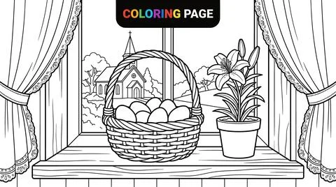Easter Egg Basket and Lily Flower Coloring Page on a Windowsill. Stock Illustration