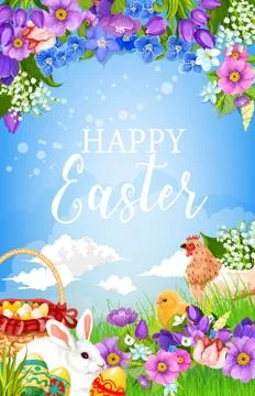 Easter egg basket, bunny, chicken and flower Stock Illustration