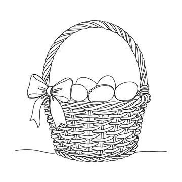 Easter Egg Basket with Ribbon Bow Minimal Line Art Vector Stock Illustration