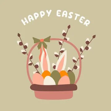 Easter egg Basket with Willow Branches, Bunny Ear and Text Happy Easter. Flat Stock Illustration