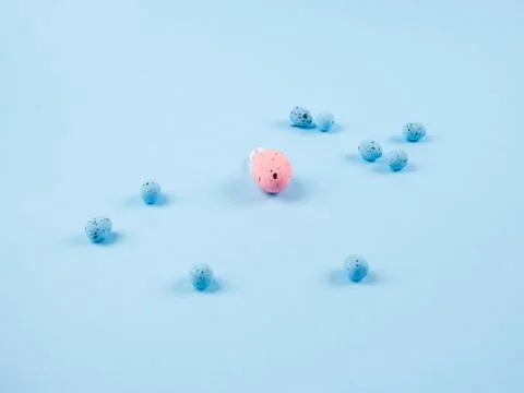 Easter egg on blue backdrop with different pink Stock Photos