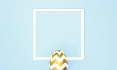 Easter egg on blue pastel background with white frame for space for text. 3D Stock Illustration