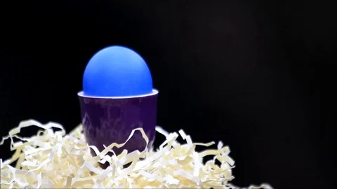  Easter Egg blue in purple egg cup, black background Video stock 84658530
