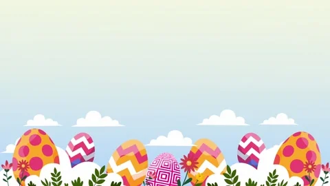 Easter egg border on grassy field with blue sky and clouds Stock Footage 327518215
