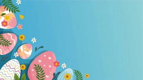 Easter egg border on light blue background with beautiful pink spring flowers Stock Footage 327518316