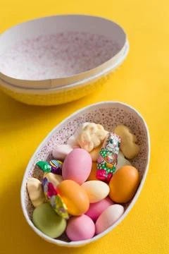 Easter egg box with candy and chocolate, scandinavian tradition. Stock Photos