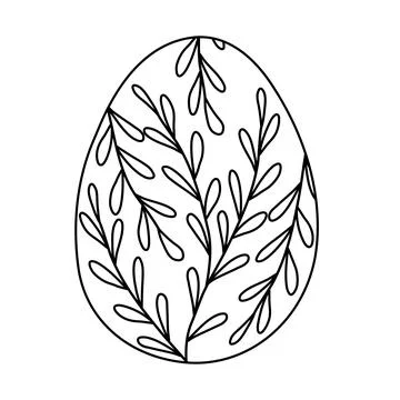 Easter egg with branches and leaves, doodle style flat vector outline for Stock Illustration